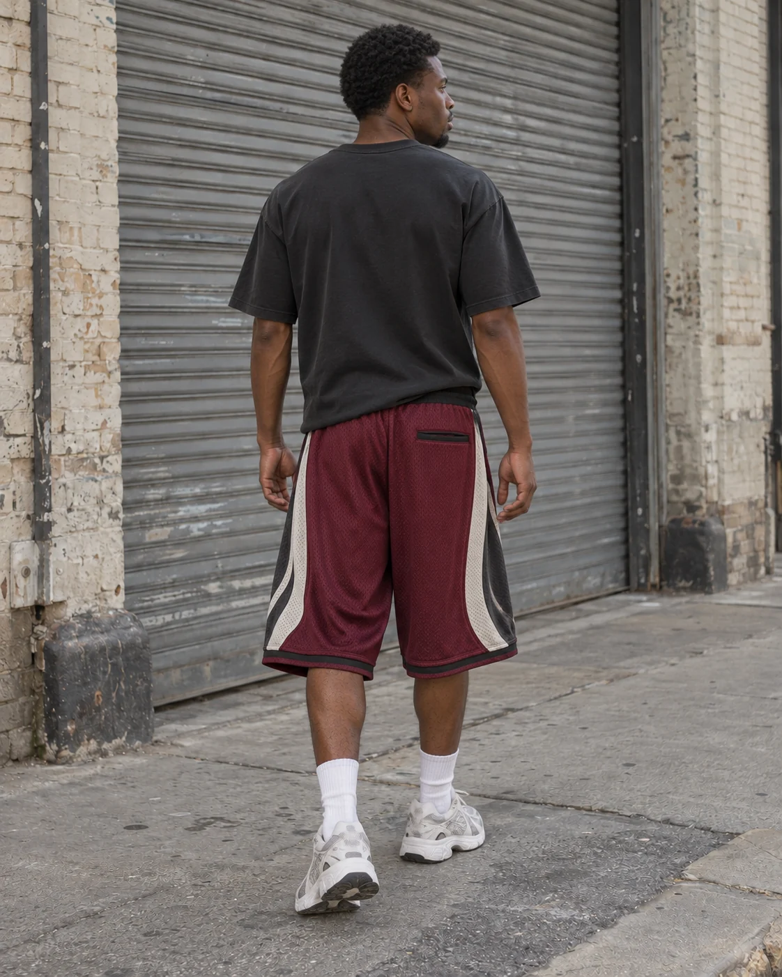 Distinct back design on the same model — Mesh Basketball Shorts in burgundy / bone / charcoal, AI-generated design concept