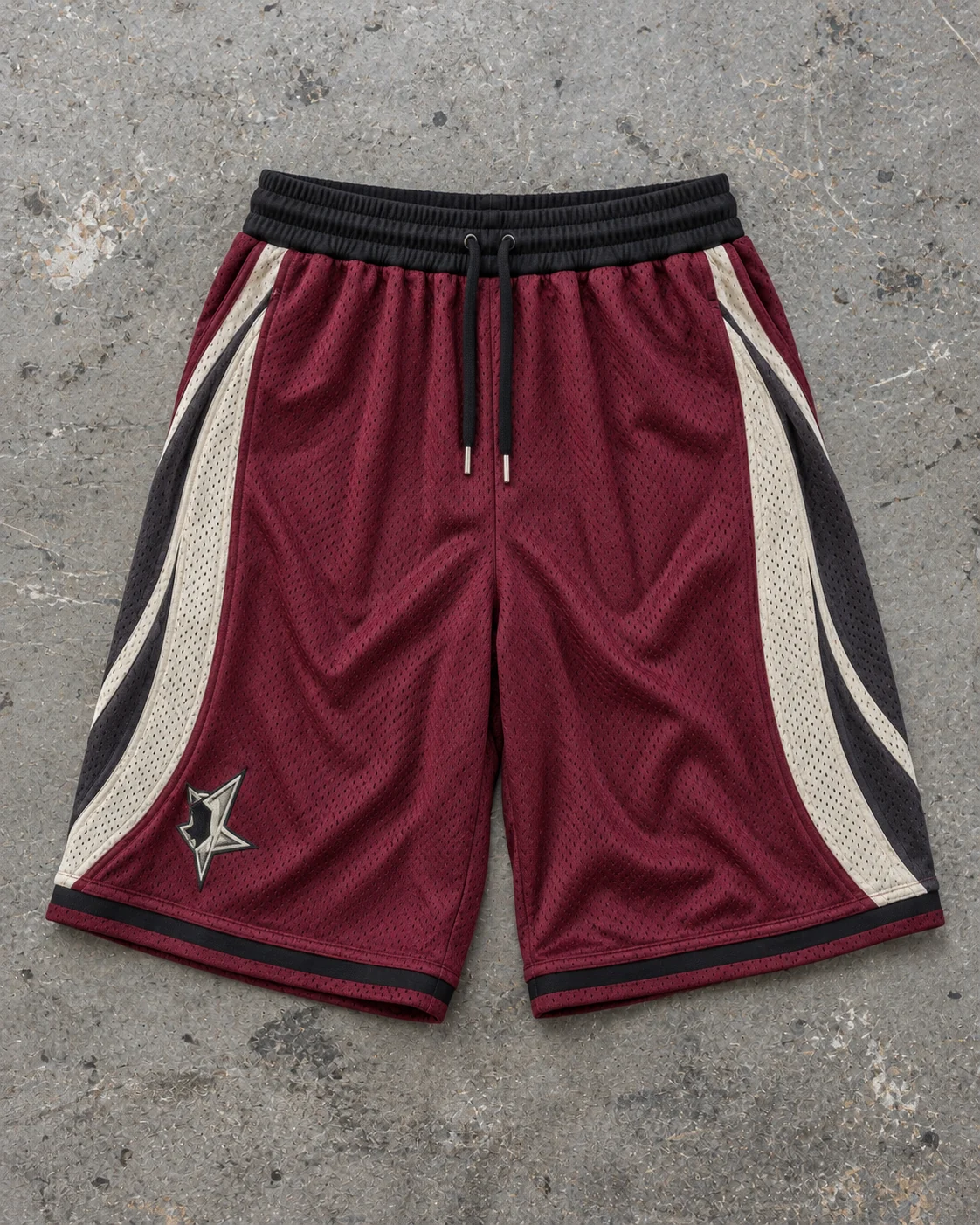 Full garment flat-lay showing the cut — Mesh Basketball Shorts in burgundy / bone / charcoal, AI-generated design concept
