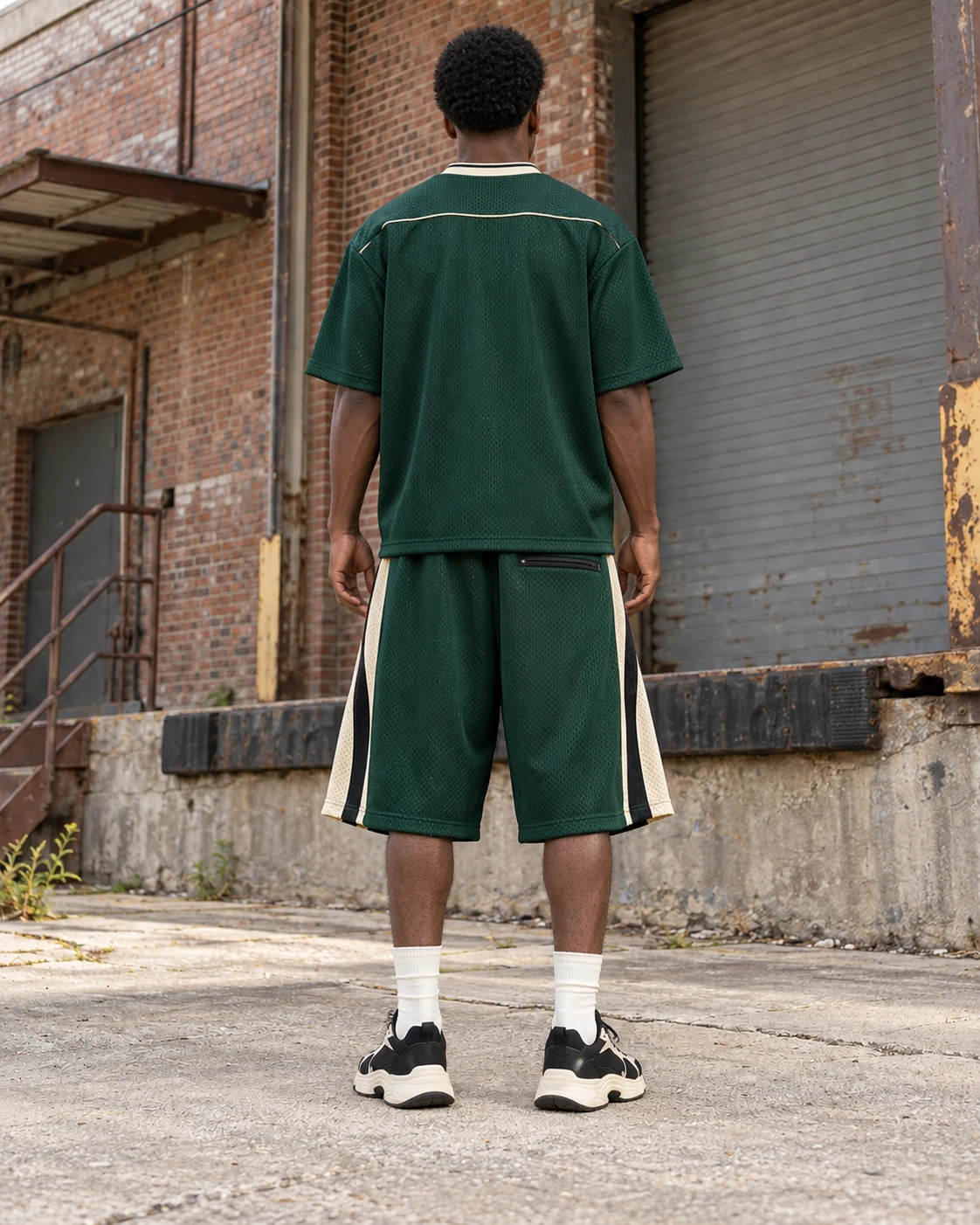 Back view of the same coordinated set — Mesh Jersey & Shorts Set in forest green / cream / rust, AI-generated design concept
