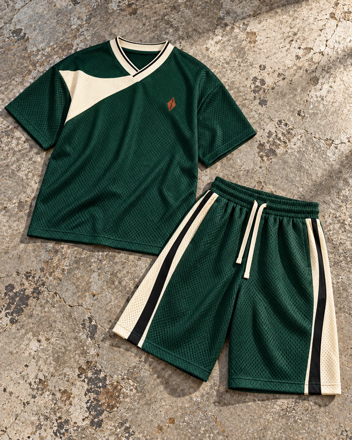 Complete top and bottom flat-lay showing their proportions — Mesh Jersey & Shorts Set in forest green / cream / rust, AI-generated design concept