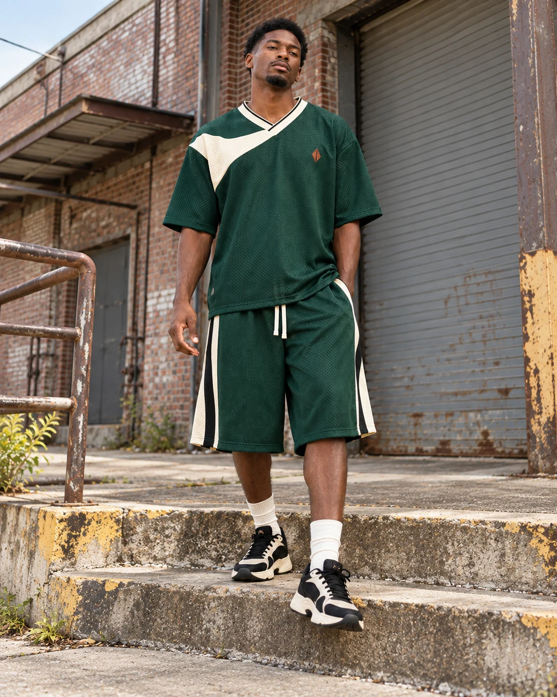 Full-body streetwear styling of the matching set — Mesh Jersey & Shorts Set in forest green / cream / rust, AI-generated design concept