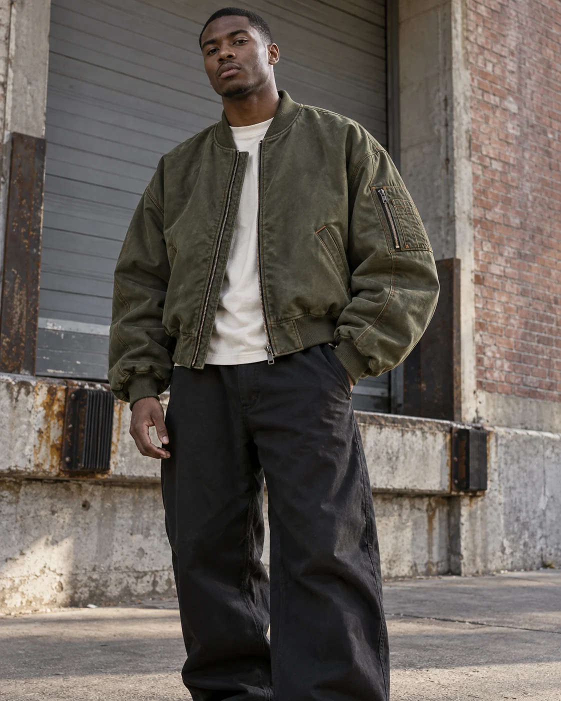 Front on-model view — Oversized Bomber Jacket in washed olive / rust, AI-generated design concept