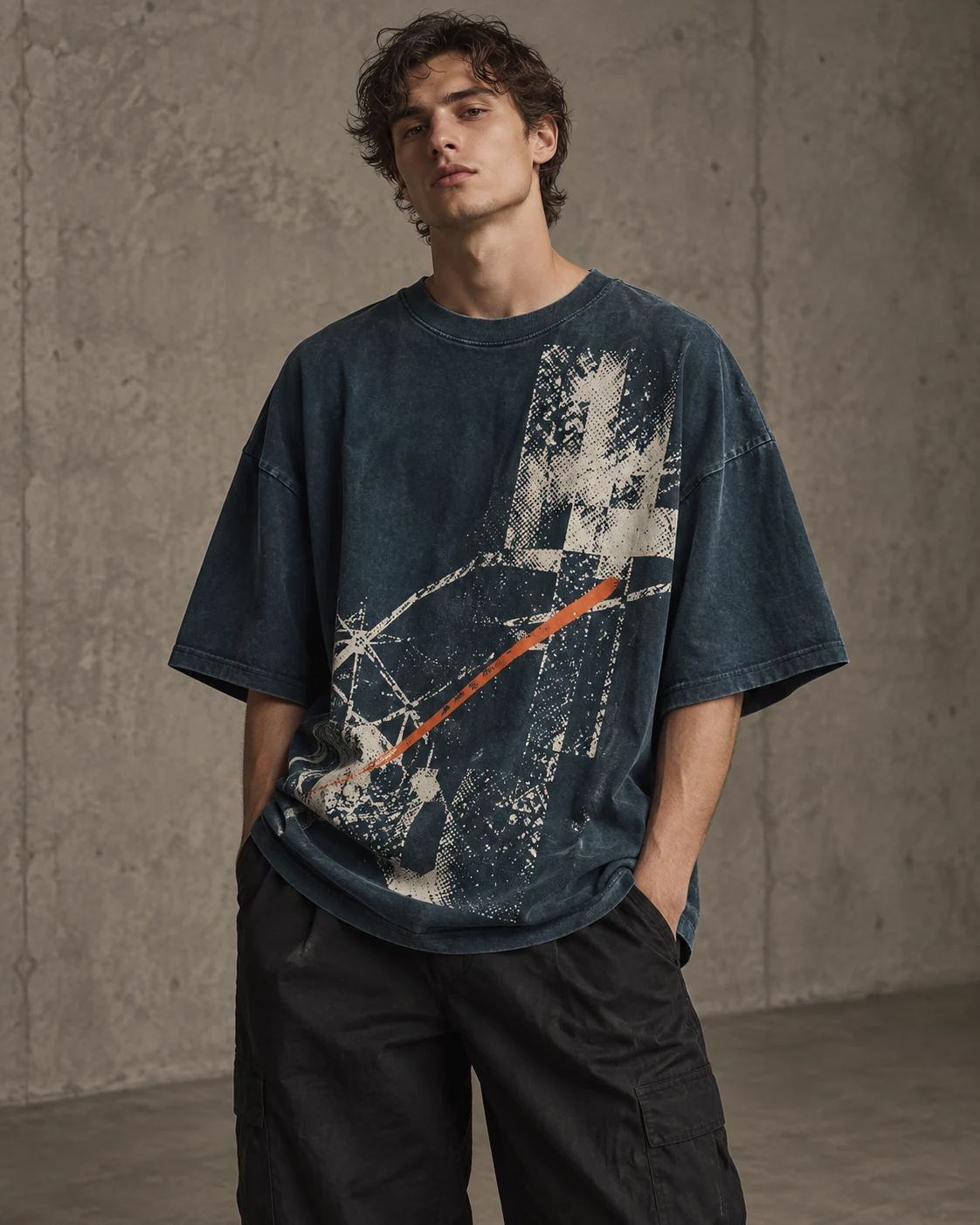 Original oversized petrol-blue graphic T-shirt concept with cream halftone front artwork