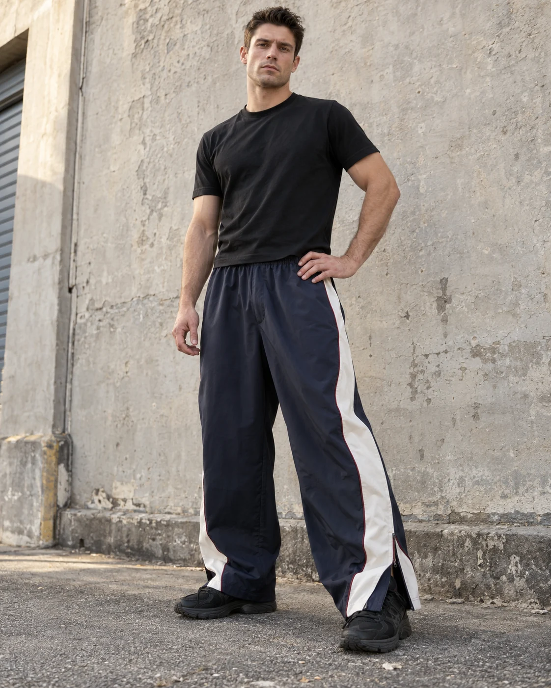 Front on-model view — Panelled Track Pants in midnight navy / ivory / burgundy, AI-generated design concept