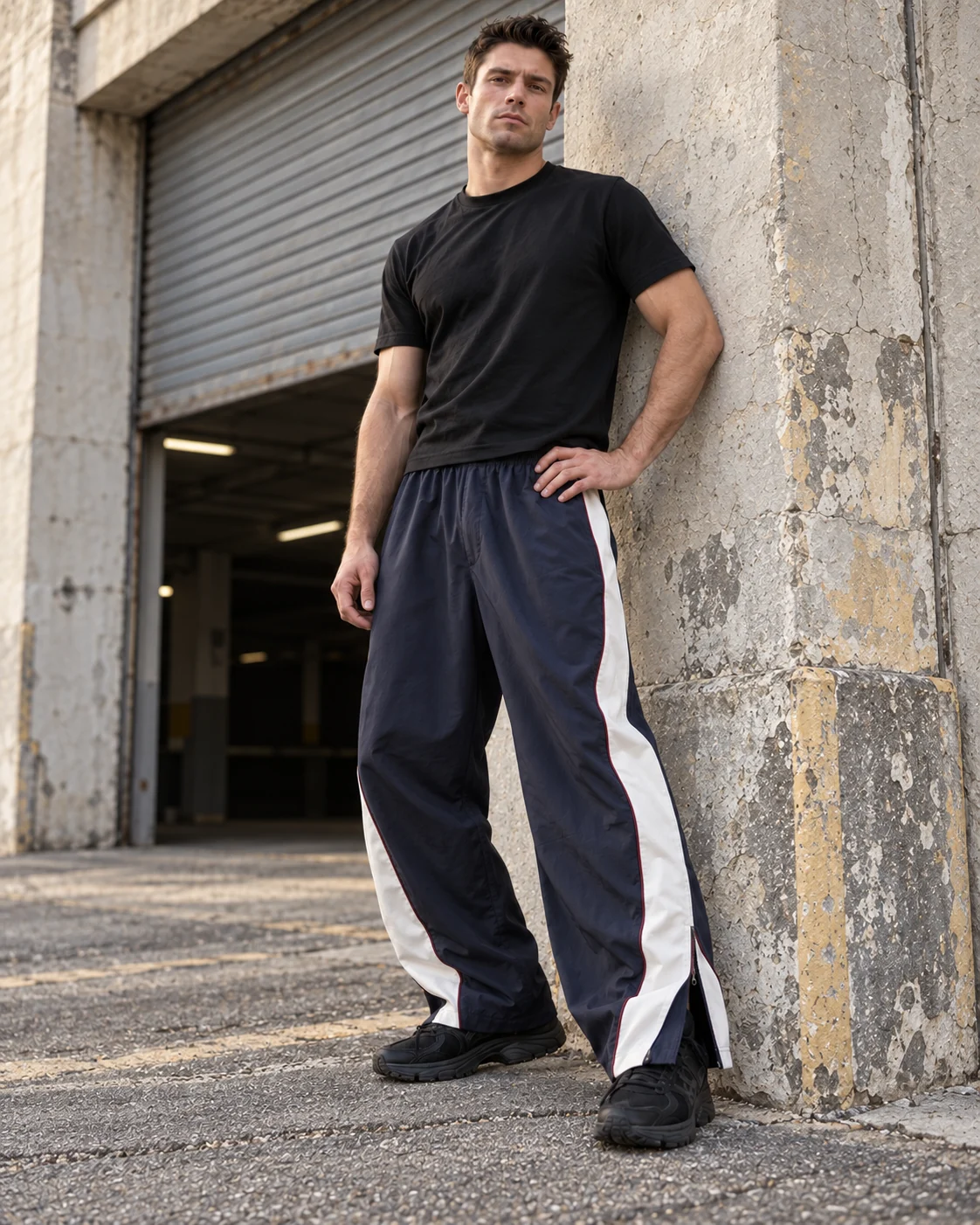 Full-body streetwear styling — Panelled Track Pants in midnight navy / ivory / burgundy, AI-generated design concept
