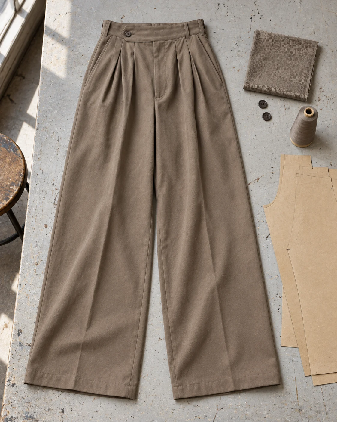 Garment development concept with materials and trims — Pleated Wide-Leg Trousers in warm taupe / tonal, AI-generated design concept