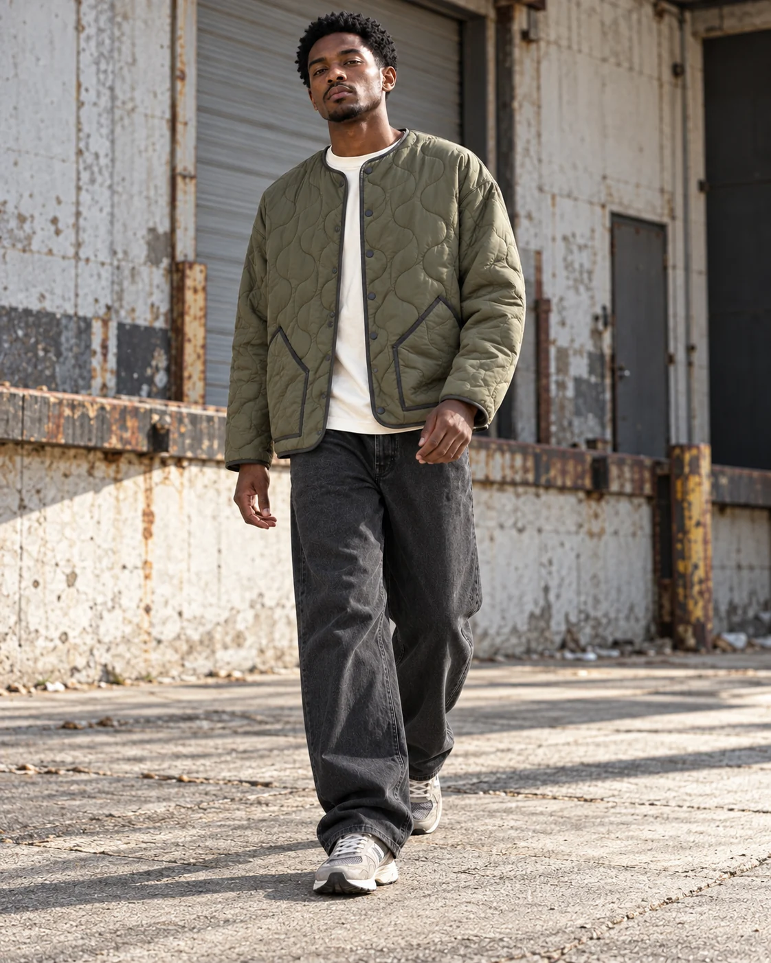 Full-body streetwear styling — Quilted Liner Jacket in dusty moss / charcoal, AI-generated design concept