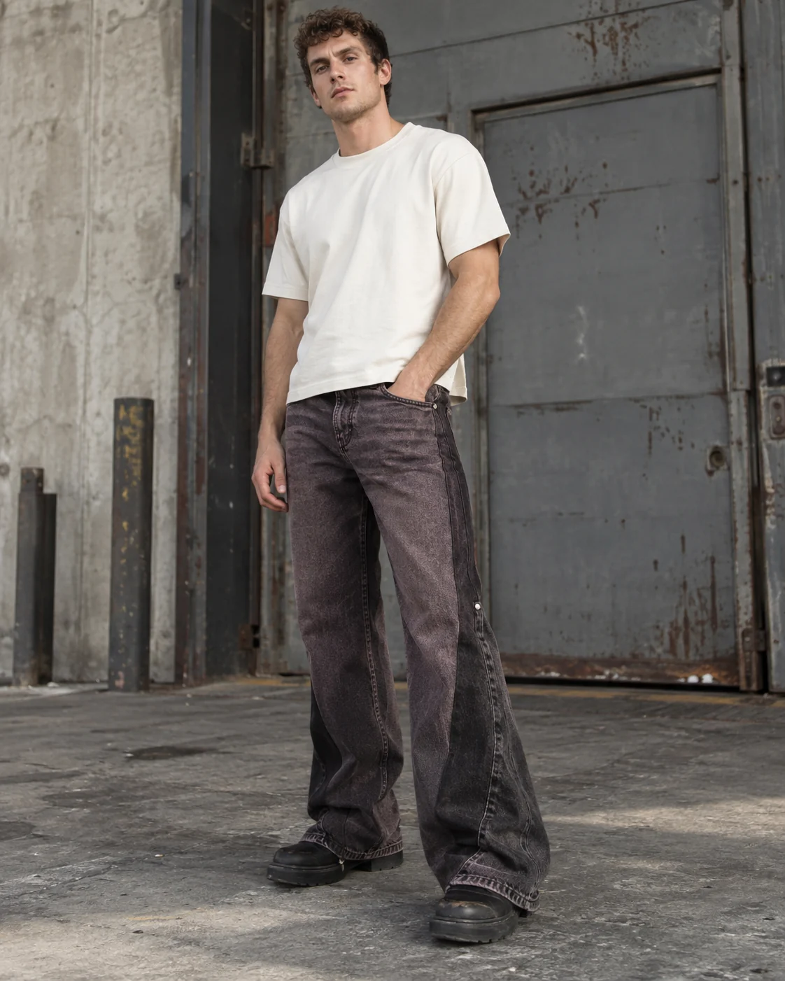 Front on-model view — Relaxed Flared Jeans in faded plum black / charcoal, AI-generated design concept