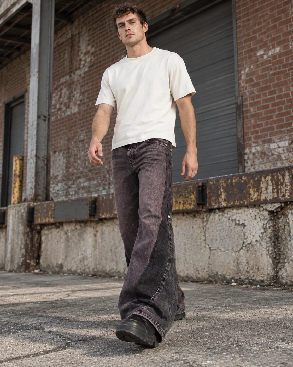 Full-body streetwear styling — Relaxed Flared Jeans in faded plum black / charcoal, AI-generated design concept