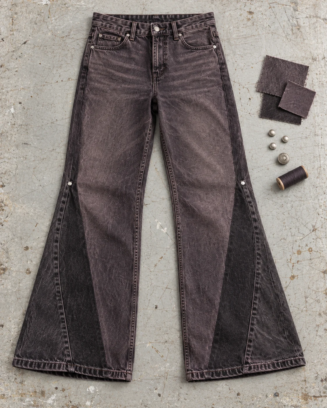 Garment development concept with materials and trims — Relaxed Flared Jeans in faded plum black / charcoal, AI-generated design concept