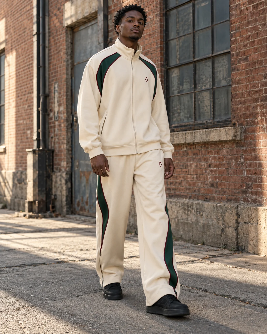 Full front view of both garments on model — Retro Piped Track Set in ecru / forest / oxblood, AI-generated design concept