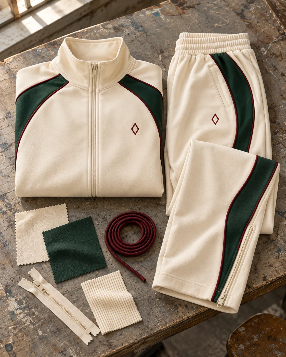Two-piece development concept with materials and trims — Retro Piped Track Set in ecru / forest / oxblood, AI-generated design concept