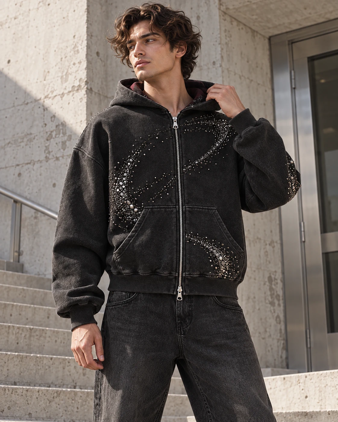 Rhinestone Zip Hoodie — AI-generated custom streetwear concept