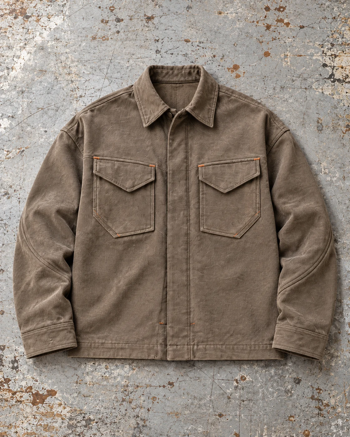 Full garment flat-lay showing the cut — Utility Overshirt in warm taupe / rust, AI-generated design concept