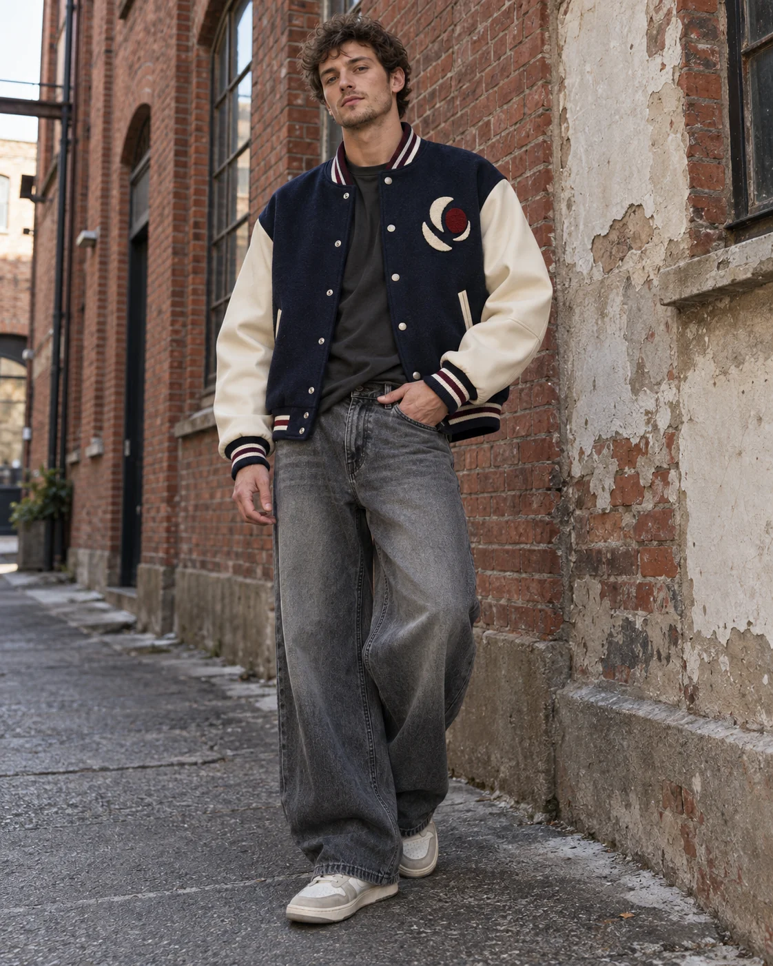 Front on-model view — Varsity Jacket in midnight navy / bone / oxblood, AI-generated design concept