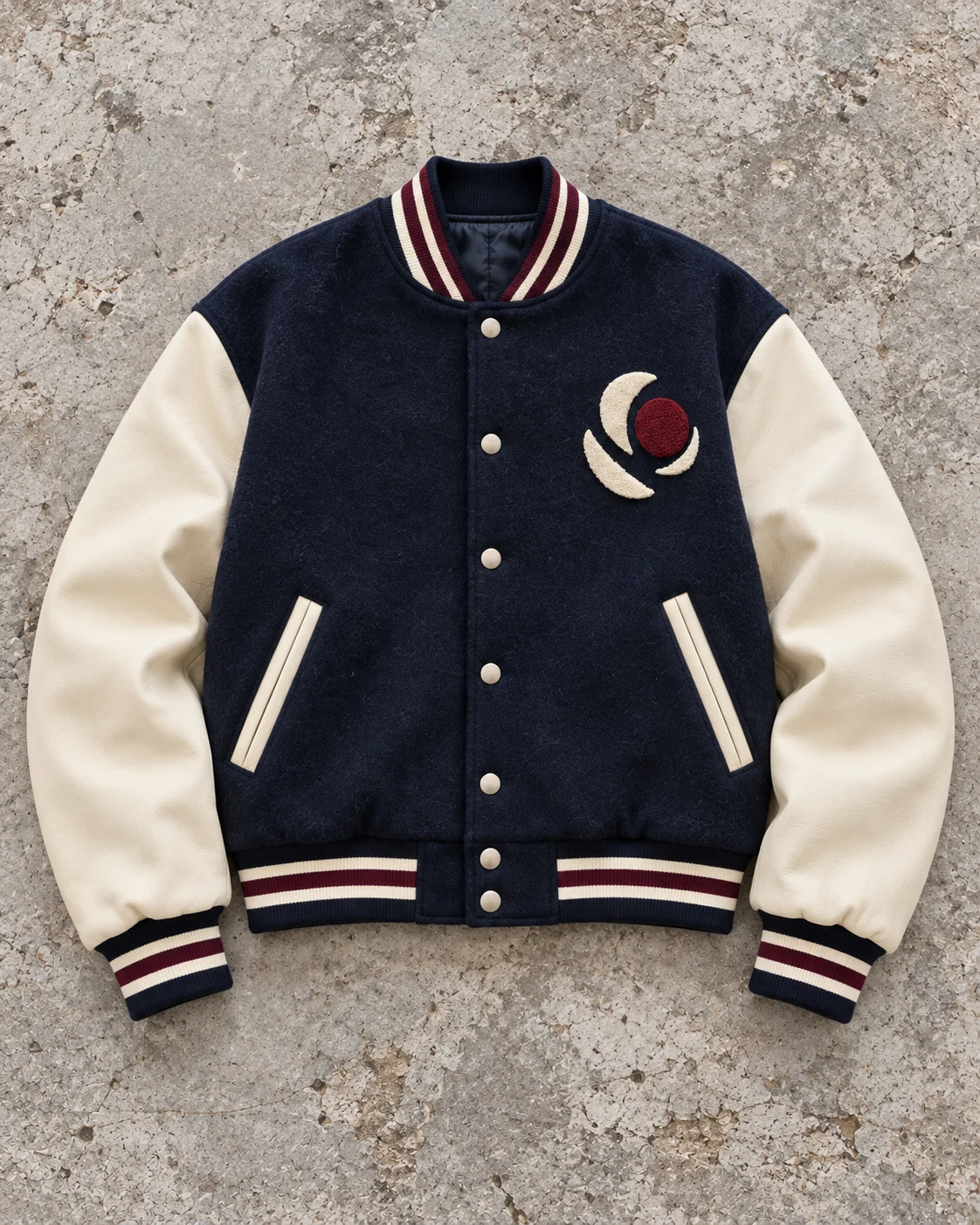 Full garment flat-lay showing the cut — Varsity Jacket in midnight navy / bone / oxblood, AI-generated design concept