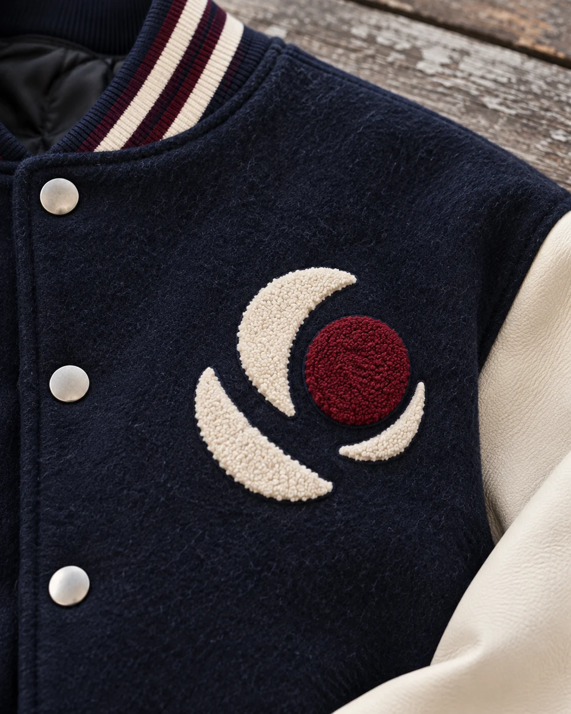 Close-up of fabric and signature construction — Varsity Jacket in midnight navy / bone / oxblood, AI-generated design concept