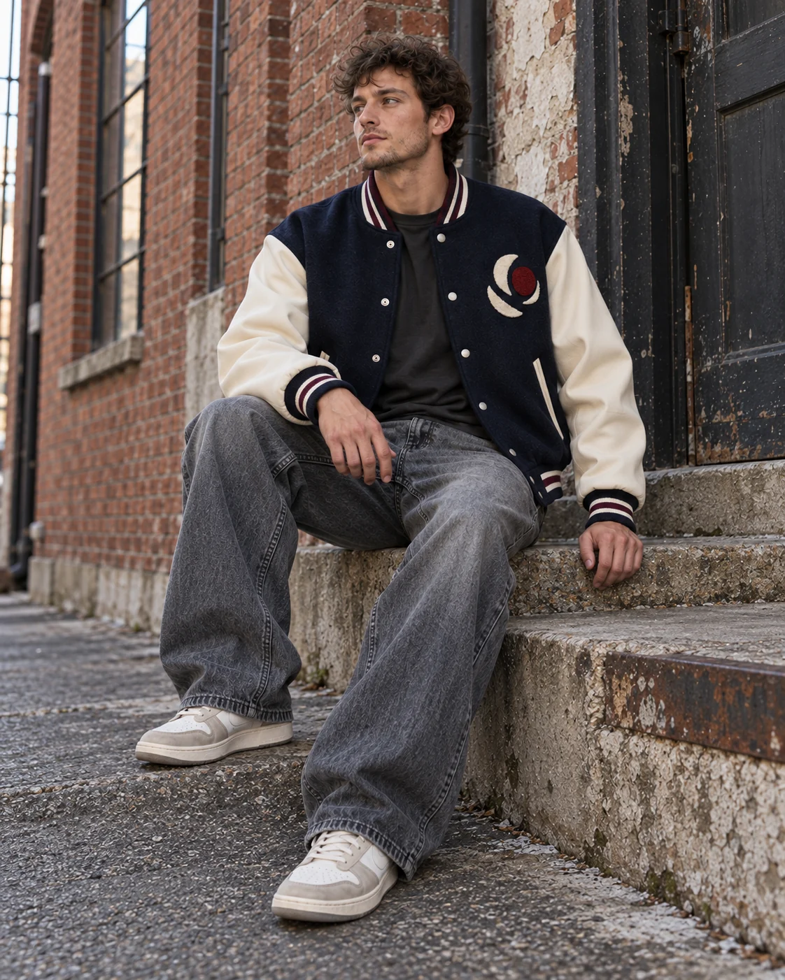 Full-body streetwear styling — Varsity Jacket in midnight navy / bone / oxblood, AI-generated design concept