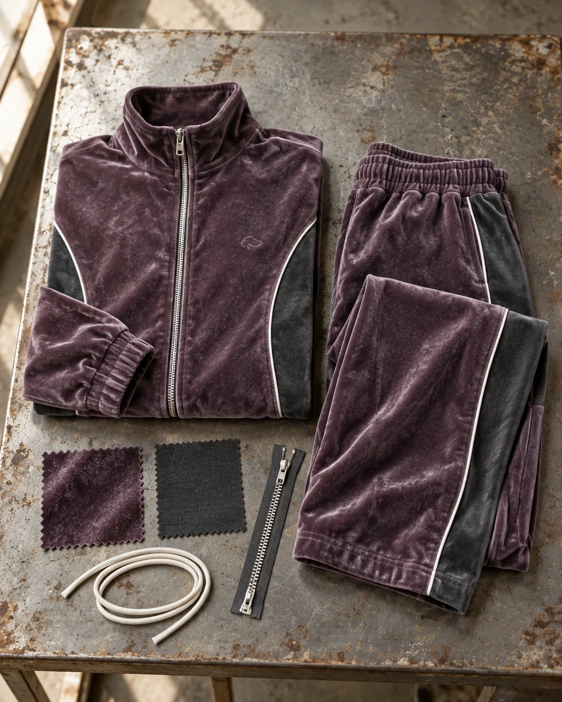 Two-piece development concept with materials and trims — Velour Zip Tracksuit in smoked plum / graphite, AI-generated design concept