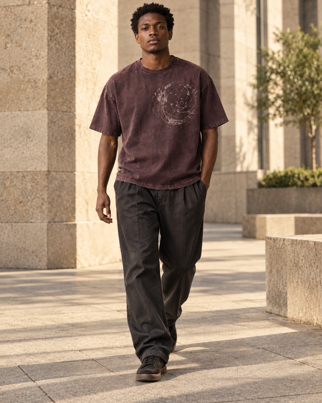 The same short-haired model wearing the faded plum vintage-finish T-shirt with charcoal trousers in a warm concrete city setting