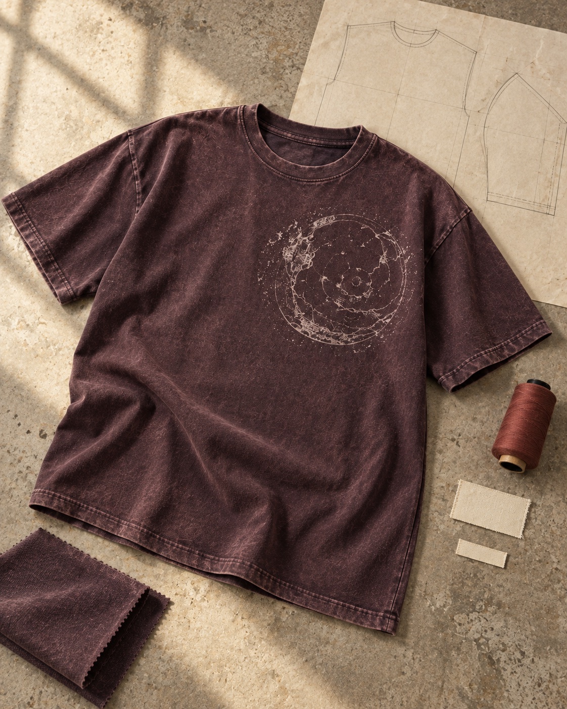Conceptual development still life with the faded plum T-shirt, pattern drawing, fabric swatch and rust-colored thread