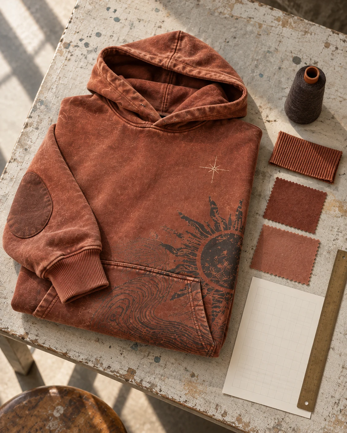 Garment development concept with materials and trims — Vintage Wash Hoodie in faded rust / charcoal / cream, AI-generated design concept