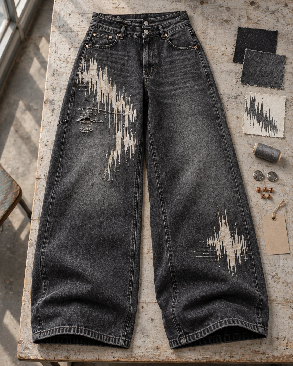 Garment development concept with materials and trims — Vintage-Wash Graphic Jeans in washed charcoal / bone, AI-generated design concept