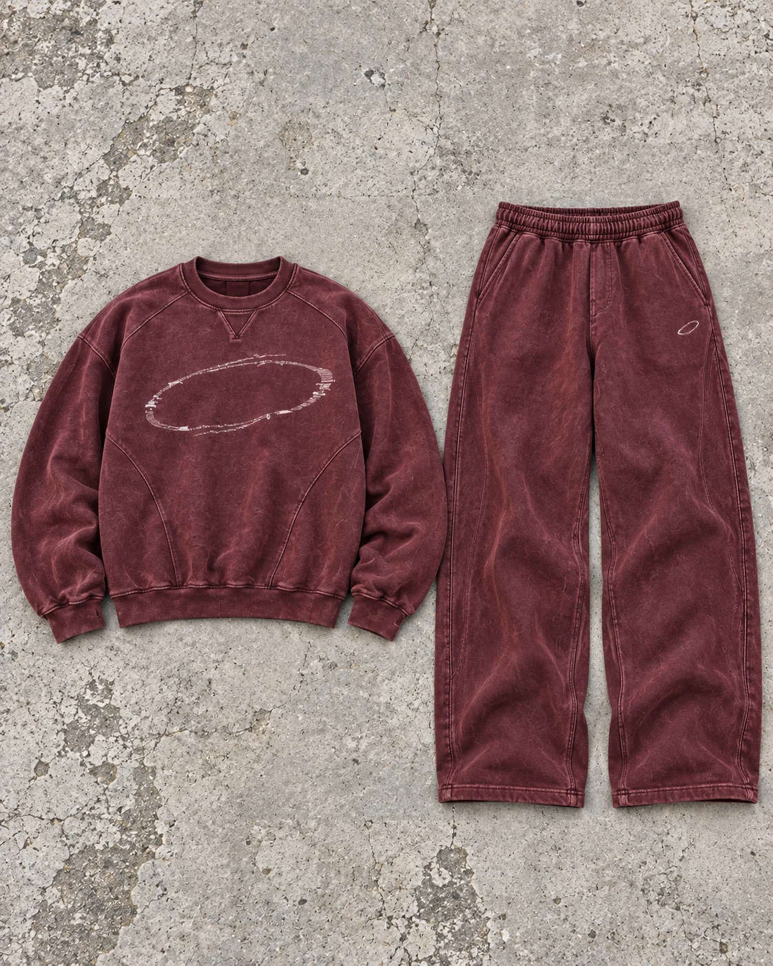Complete top and bottom flat-lay showing their proportions — Vintage-Wash Sweat Set in faded oxblood / chalk, AI-generated design concept